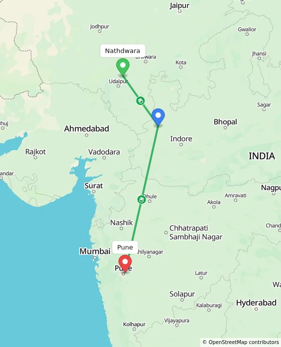 Route map showing distance and travel time from Nathdwara, India to Pune, India