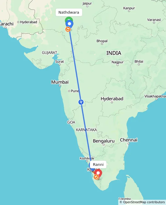 Route map showing distance and travel time from Nathdwara, India to Ranni, India