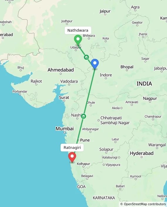 Route map showing distance and travel time from Nathdwara, India to Ratnagiri, India
