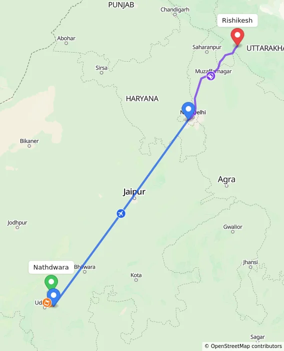Route map showing distance and travel time from Nathdwara, India to Rishikesh, India