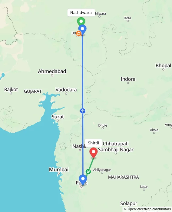 Route map showing distance and travel time from Nathdwara, India to Shirdi, India