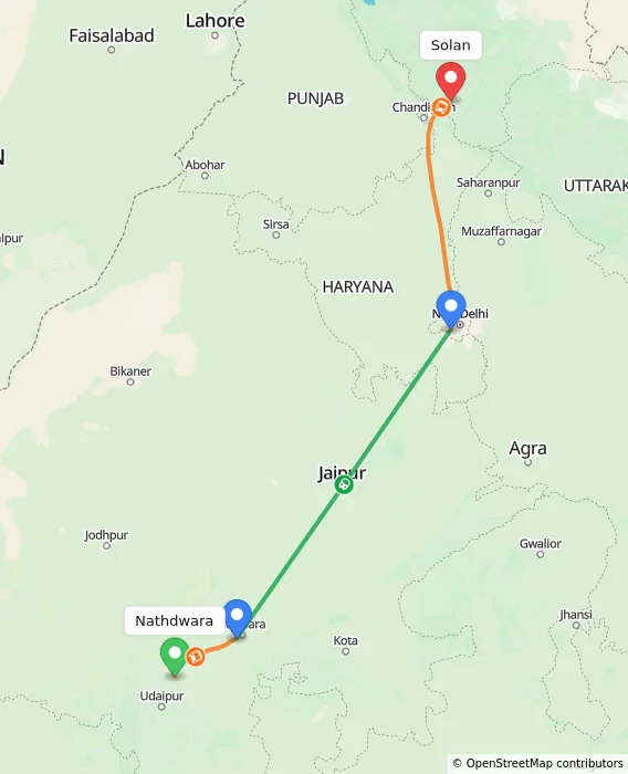Route map showing distance and travel time from Nathdwara, India to Solan, India