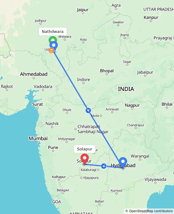 Route map showing distance and travel time from Nathdwara, India to Solapur, India