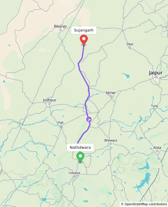 Route map showing distance and travel time from Nathdwara, India to Sujangarh, India