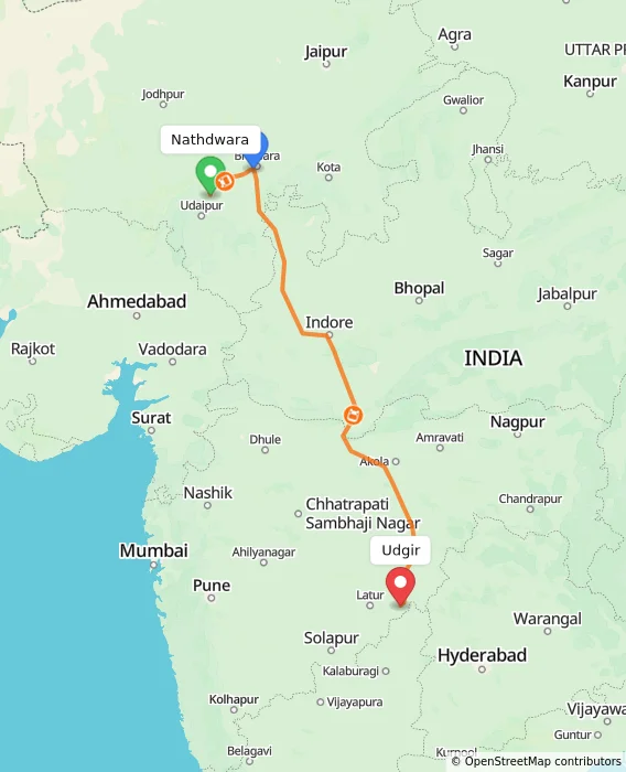 Route map showing distance and travel time from Nathdwara, India to Udgir, India