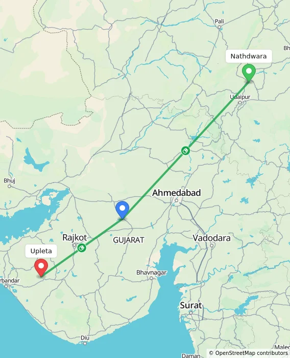 Route map showing distance and travel time from Nathdwara, India to Upleta, India