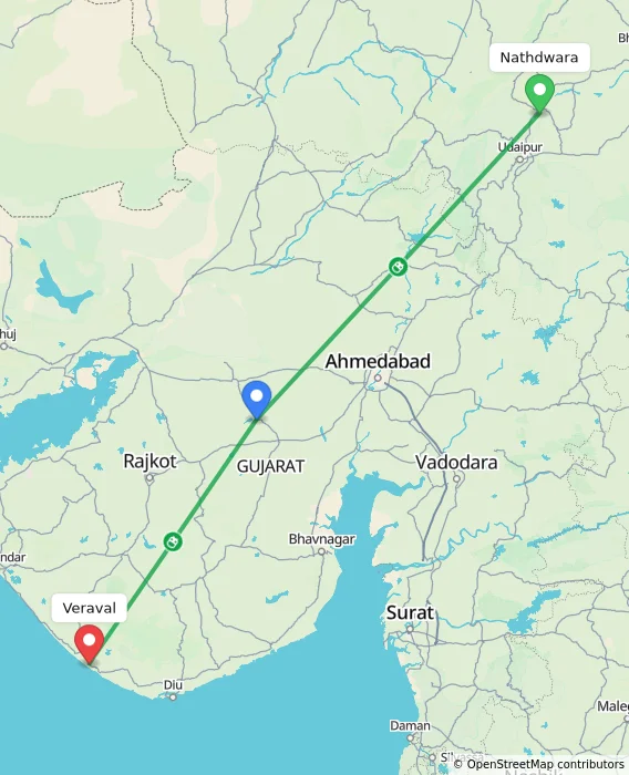 Route map showing distance and travel time from Nathdwara, India to Veraval, India