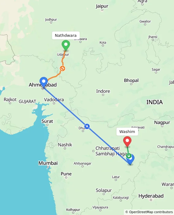 Route map showing distance and travel time from Nathdwara, India to Washim, India