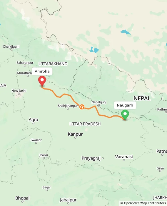 Route map showing distance and travel time from Naugarh, India to Amroha, India