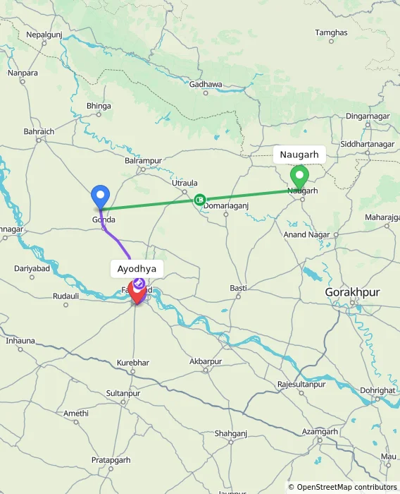 Route map showing distance and travel time from Naugarh, India to Ayodhya, India