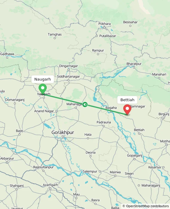 Route map showing distance and travel time from Naugarh, India to Bettiah, India