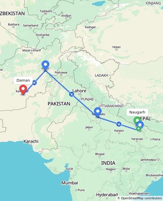 Route map showing distance and travel time from Naugarh, India to Daman, Afghanistan