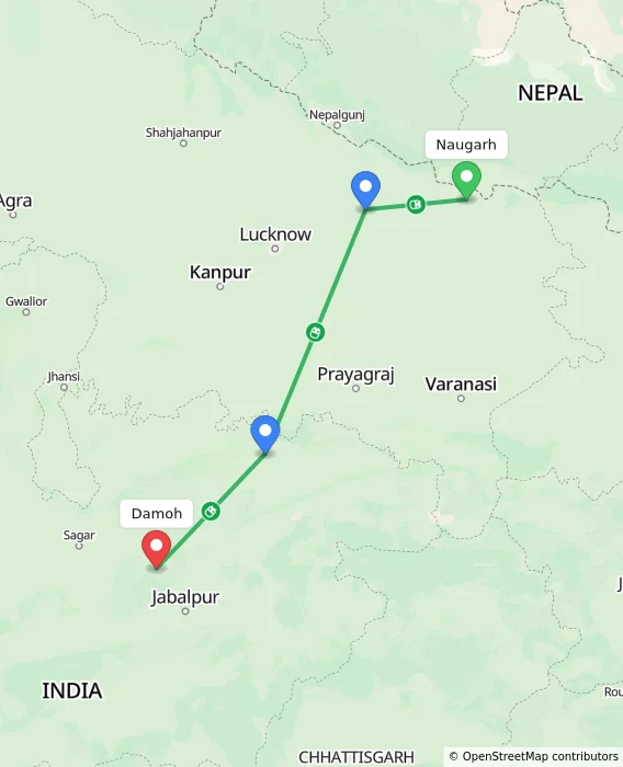 Route map showing distance and travel time from Naugarh, India to Damoh, India