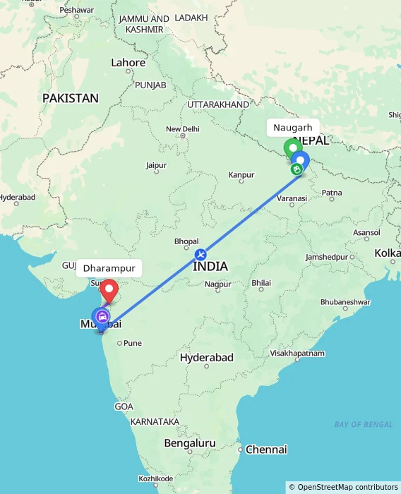 Route map showing distance and travel time from Naugarh, India to Dharampur, India