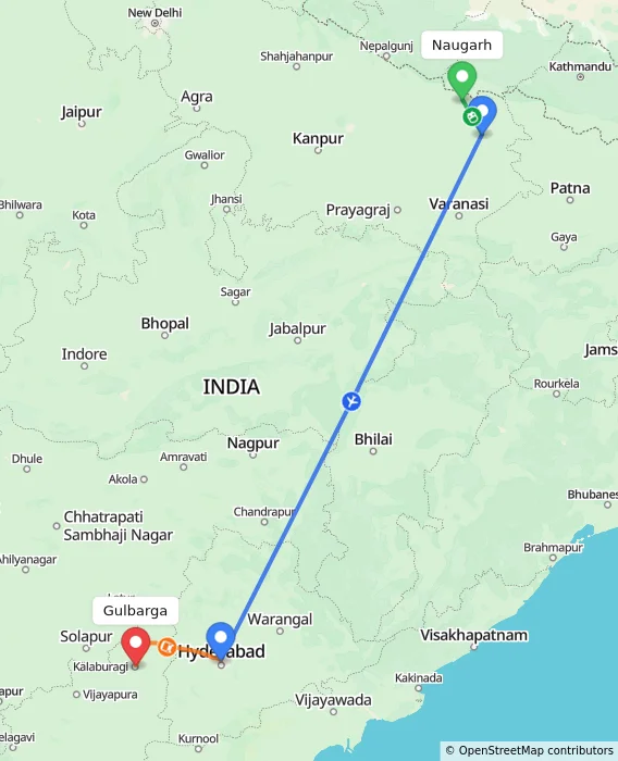 Route map showing distance and travel time from Naugarh, India to Gulbarga, India