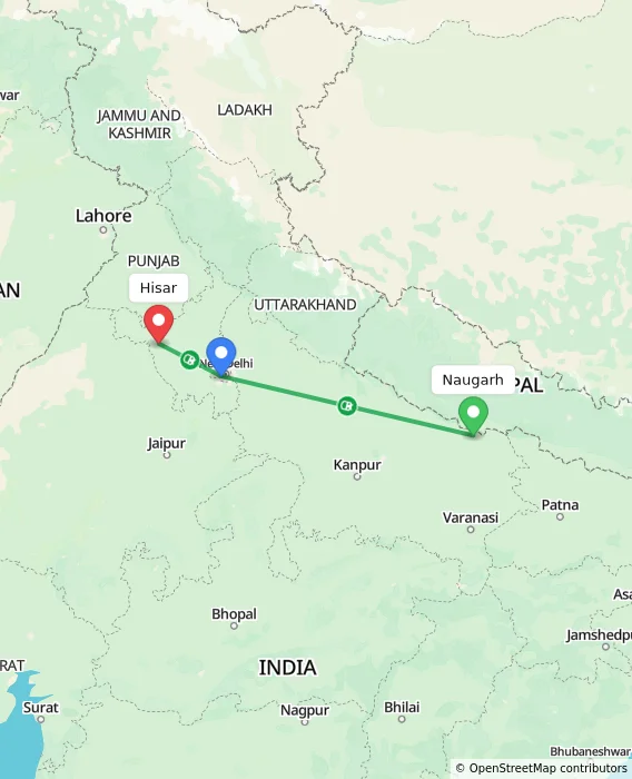 Route map showing distance and travel time from Naugarh, India to Hisar, India