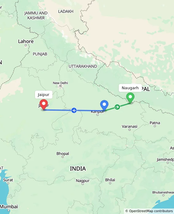 Route map showing distance and travel time from Naugarh, India to Jaipur, India
