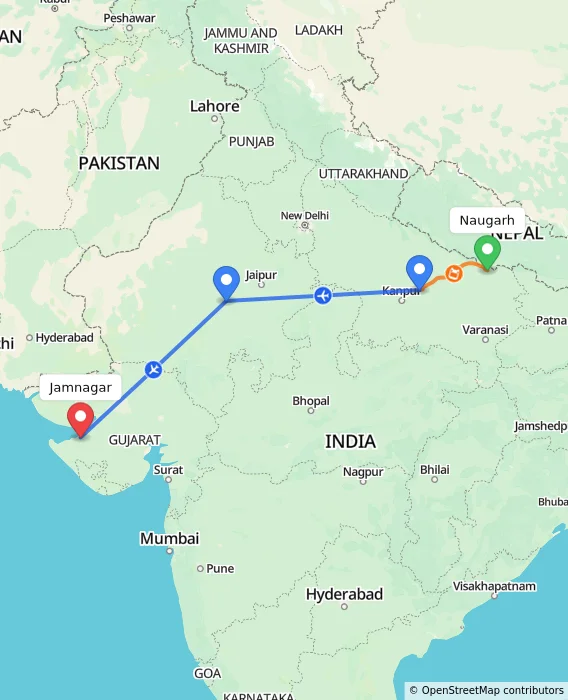Route map showing distance and travel time from Naugarh, India to Jamnagar, India