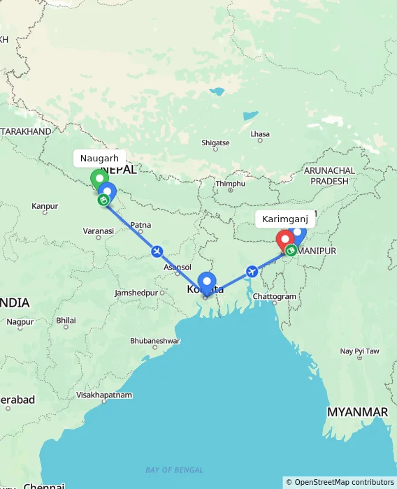 Route map showing distance and travel time from Naugarh, India to Karimganj, India