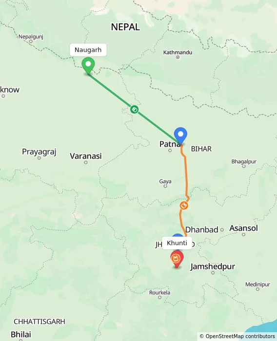 Route map showing distance and travel time from Naugarh, India to Khunti, India