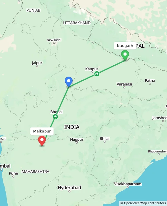 Route map showing distance and travel time from Naugarh, India to Malkapur, India