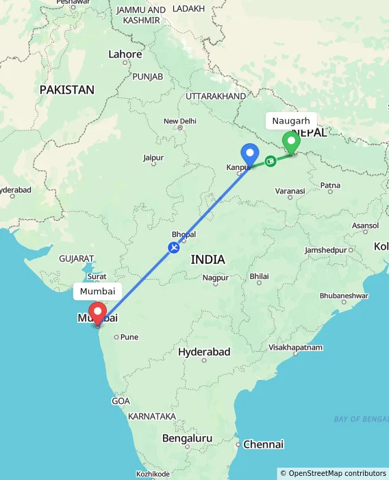 Route map showing distance and travel time from Naugarh, India to Mumbai, India