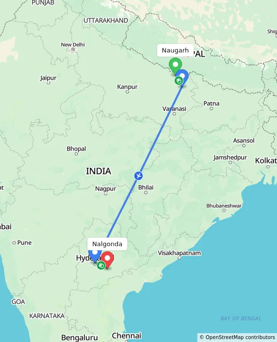 Route map showing distance and travel time from Naugarh, India to Nalgonda, India