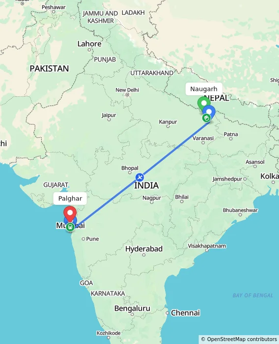 Route map showing distance and travel time from Naugarh, India to Palghar, India