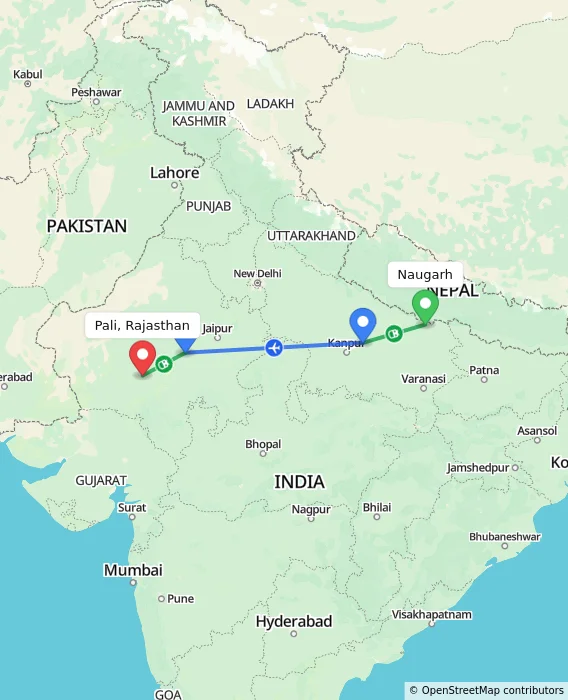 Route map showing distance and travel time from Naugarh, India to Pali, Rajasthan, India
