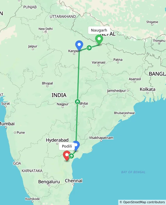 Route map showing distance and travel time from Naugarh, India to Podili, India