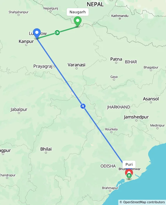 Route map showing distance and travel time from Naugarh, India to Puri, India