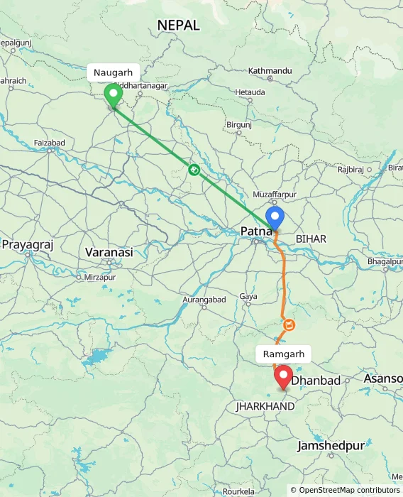 Route map showing distance and travel time from Naugarh, India to Ramgarh, India