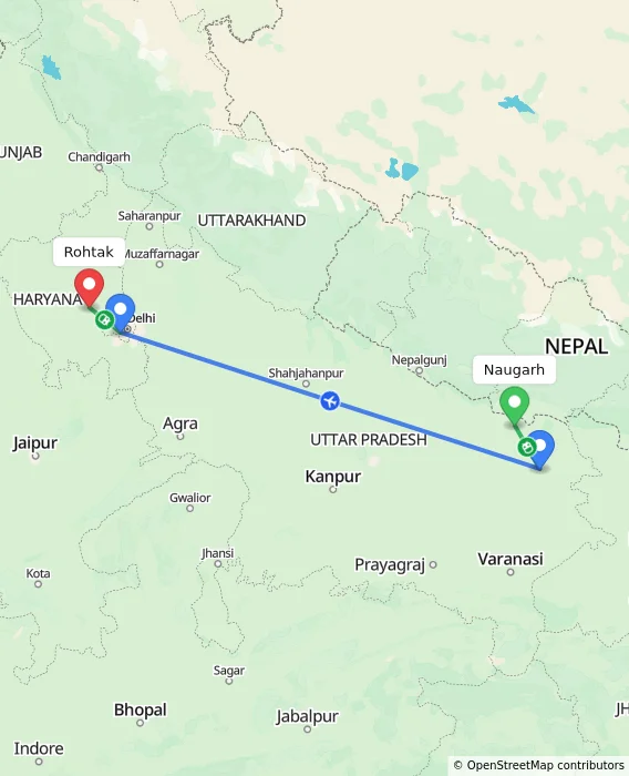Route map showing distance and travel time from Naugarh, India to Rohtak, India