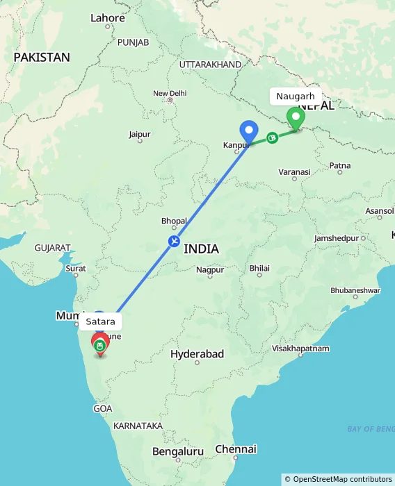 Route map showing distance and travel time from Naugarh, India to Satara, India