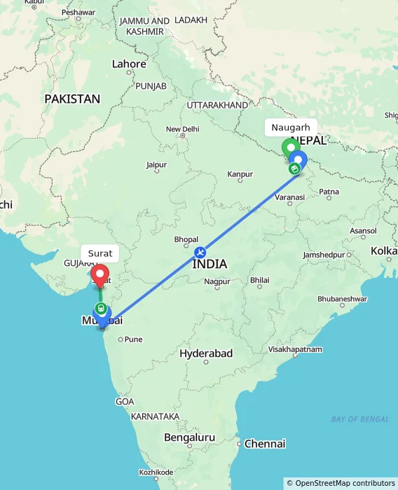 Route map showing distance and travel time from Naugarh, India to Surat, India