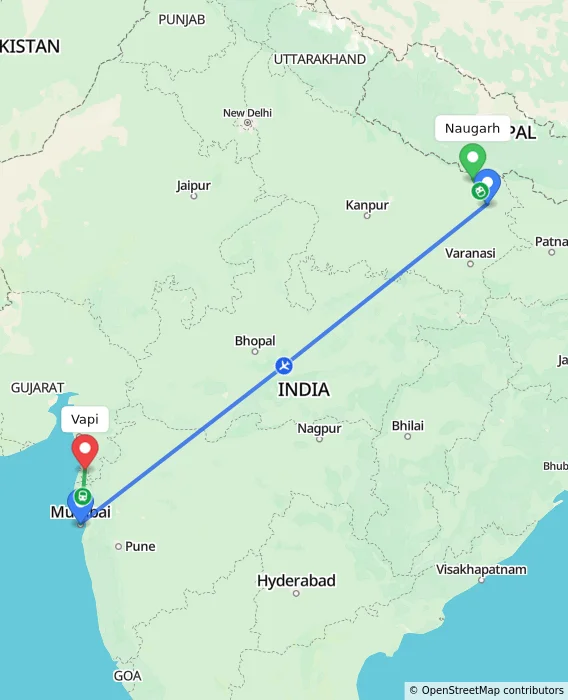 Route map showing distance and travel time from Naugarh, India to Vapi, India