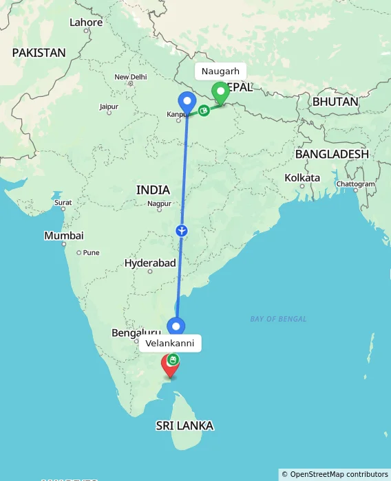 Route map showing distance and travel time from Naugarh, India to Velankanni, India