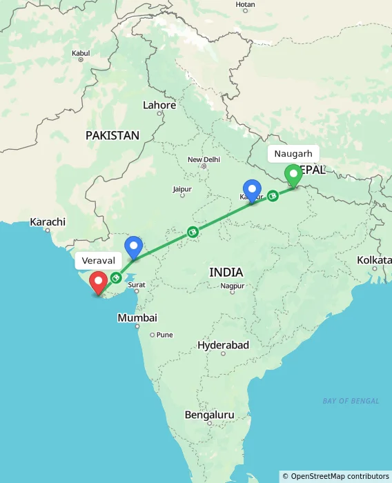 Route map showing distance and travel time from Naugarh, India to Veraval, India
