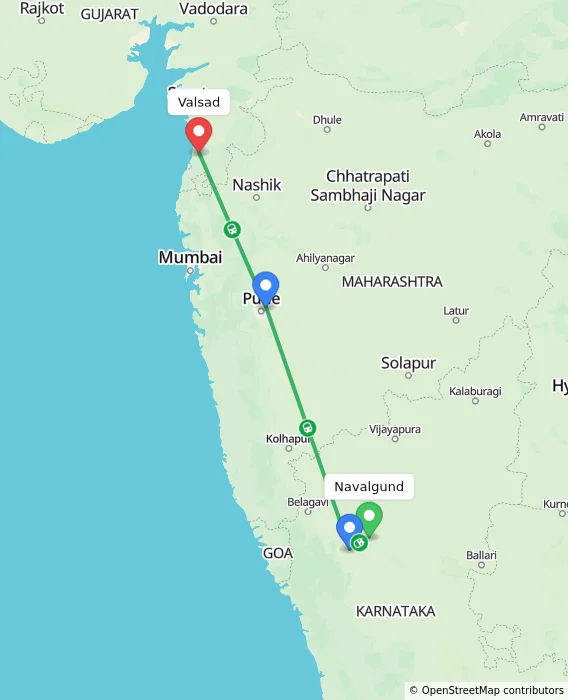 Route map showing distance and travel time from Navalgund, India to Valsad, India