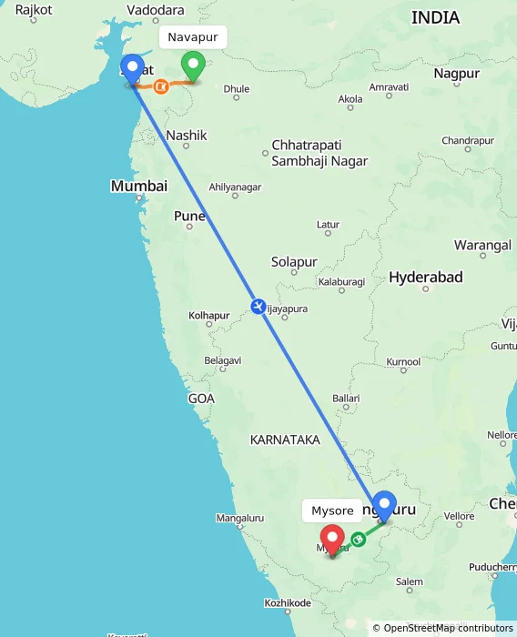Route map showing distance and travel time from Navapur, India to Mysore, India