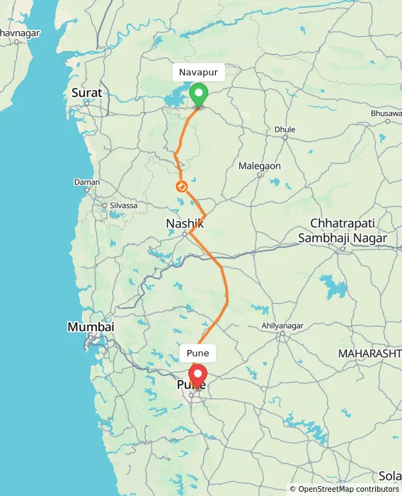 Route map showing distance and travel time from Navapur, India to Pune, India