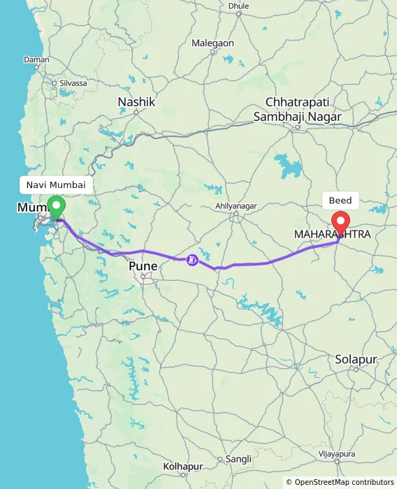 Route map showing distance and travel time from Navi Mumbai, India to Beed, India