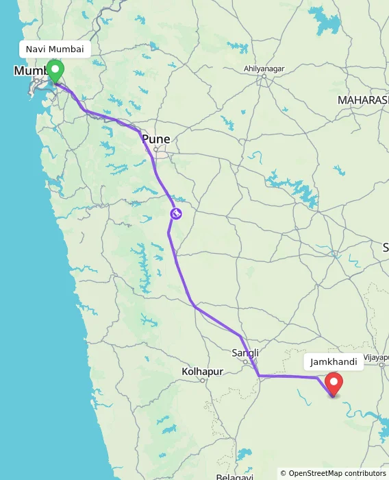 Route map showing distance and travel time from Navi Mumbai, India to Jamkhandi, India