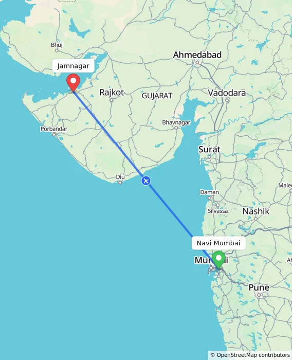 Route map showing distance and travel time from Navi Mumbai, India to Jamnagar, India