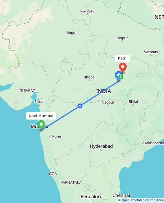 Route map showing distance and travel time from Navi Mumbai, India to Katni, India