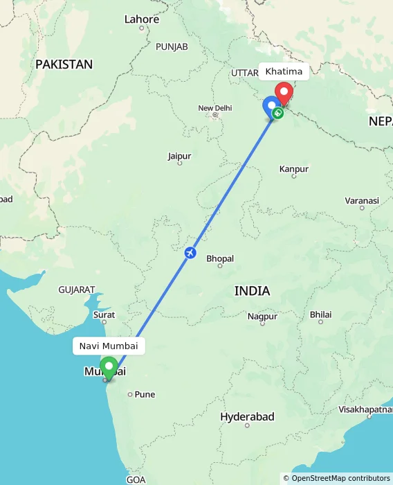 Route map showing distance and travel time from Navi Mumbai, India to Khatima, India