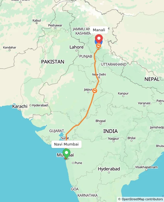 Route map showing distance and travel time from Navi Mumbai, India to Manali, India