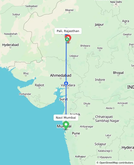 Route map showing distance and travel time from Navi Mumbai, India to Pali, Rajasthan, India