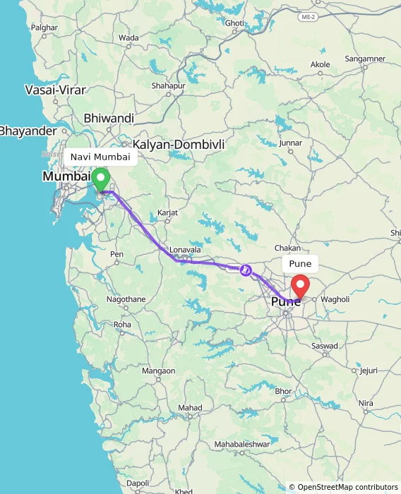 Route map showing distance and travel time from Navi Mumbai, India to Pune, India