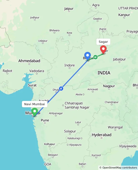 Route map showing distance and travel time from Navi Mumbai, India to Sagar, India